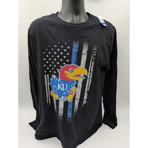 Port & Company Kansas Jayhawks KU Long Sleeve T Shirt Men's Large Black USA Flag